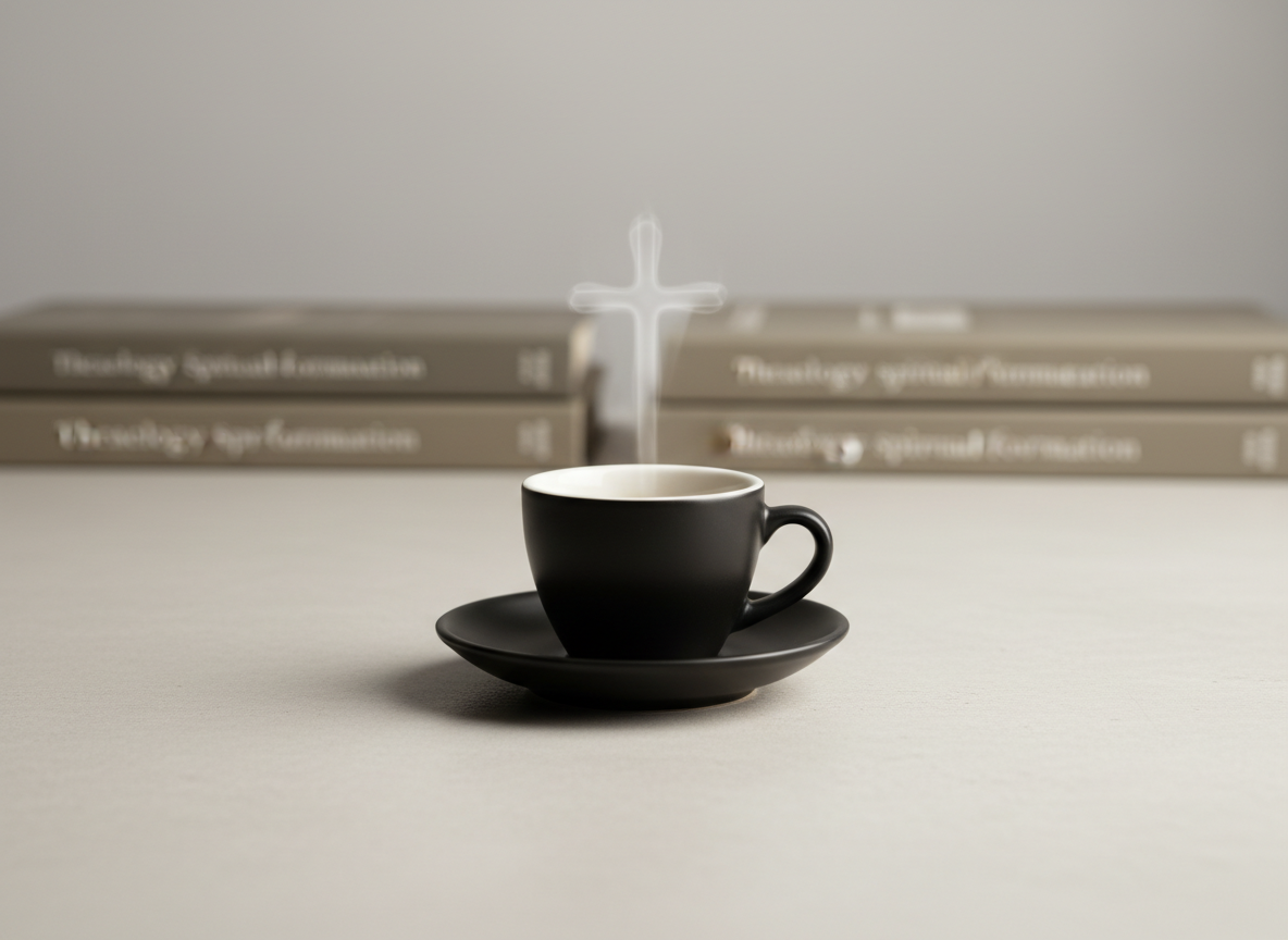 An elegant, minimalistic logo-style composition features a single matte black ceramic espresso cup and saucer centered on a pale concrete surface. Rising steam subtly forms the impression of a cross as it curls upward, softly blurred yet discernible. In the out-of-focus background, a horizontal line of stacked theology and spiritual formation books in neutral-toned covers suggests depth and context. Soft studio lighting from above and slightly behind creates a smooth gradient of light, with a delicate rim highlight on the cup’s edge. Photographic realism with a clean, centered composition and negative space evokes a sophisticated, reflective brand identity for a faith-centered coffee business.