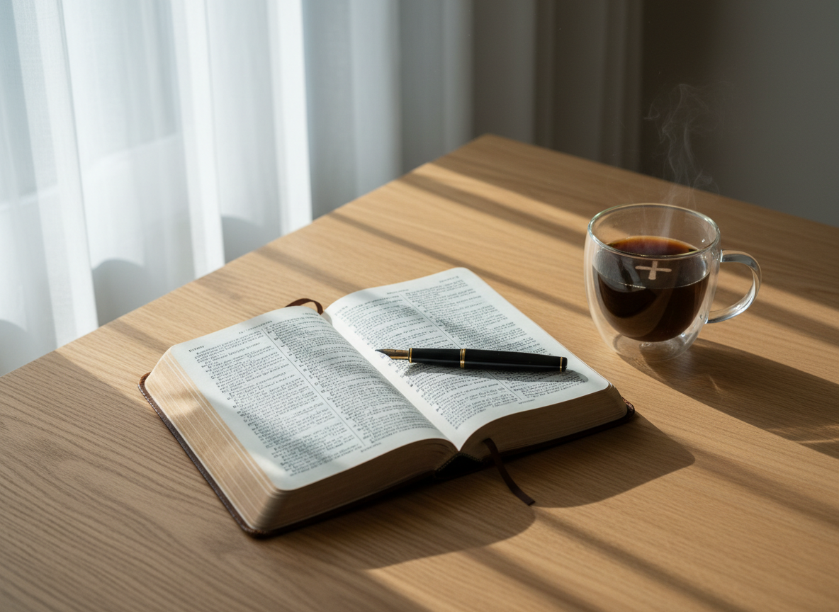 A neatly arranged tabletop devotional scene shows a well-loved leather Bible, slightly open, positioned diagonally on a smooth, light oak table. Next to it sits a double-walled glass mug of dark, freshly brewed coffee, its surface reflecting a faint cross-shaped highlight from a nearby window mullion. A slim black fountain pen rests across the page margin. Cool morning light streams in from the left, diffused by sheer curtains, casting soft-edged shadows and a tranquil glow. Photographic realism, composed with the rule of thirds and a gentle overhead angle, creates a serene, sophisticated workspace atmosphere that invites quiet reflection over coffee and Scripture.