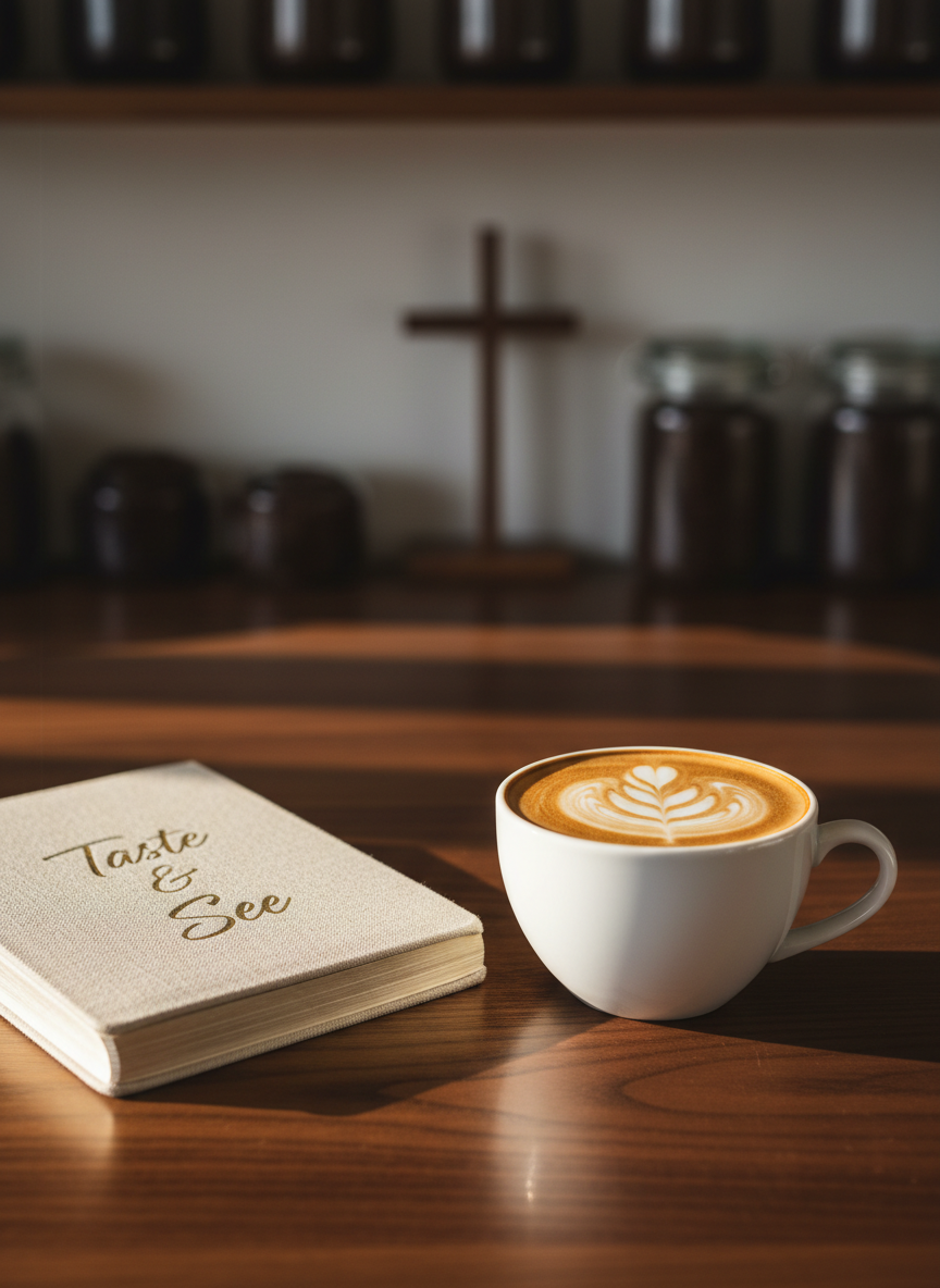 A pristine white ceramic cappuccino cup with a subtle gloss finish sits on a dark walnut table, filled with velvety latte art shaped like a delicate leaf. Beside it rests an open, linen-textured journal embossed with the phrase “Taste & See” in understated gold lettering. Soft morning sunlight filters through an unseen window, creating gentle highlights on the cup’s rim and warm reflections on the wood grain. The background fades into a creamy bokeh of shelves lined with neatly arranged coffee beans and a simple cross silhouette. Photographic realism, shot at eye level with a shallow depth of field, conveys a sophisticated, contemplative atmosphere that feels calm, inviting, and reverent.