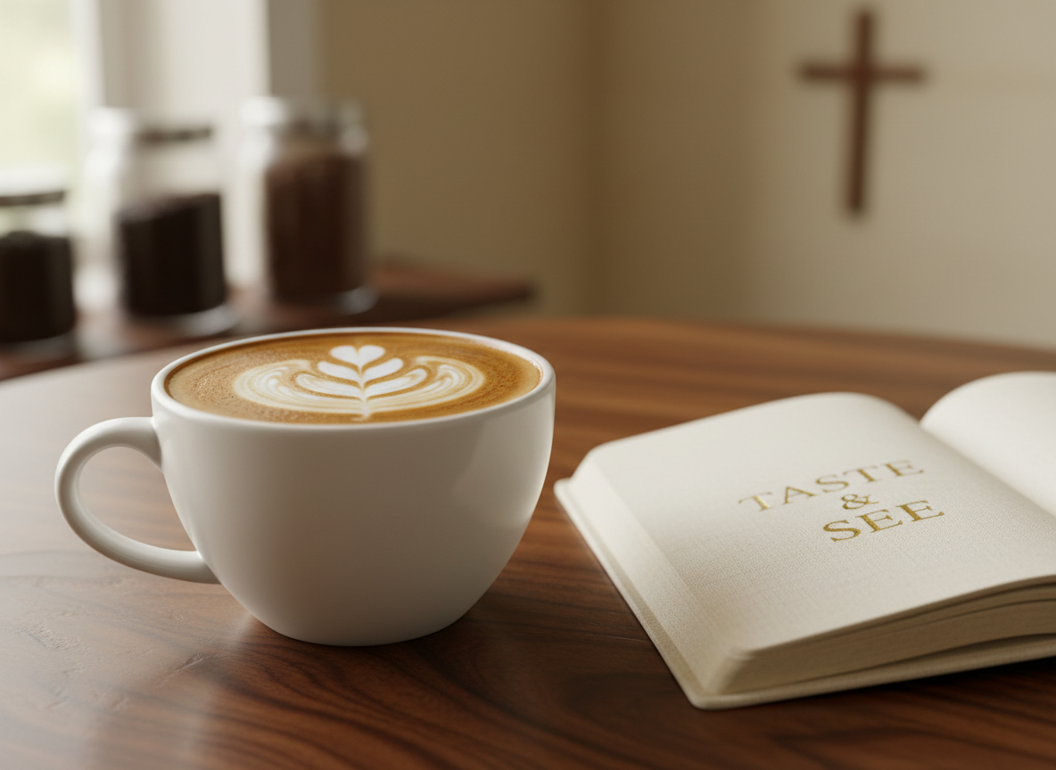 A pristine white ceramic cappuccino cup with a subtle gloss finish sits on a dark walnut table, filled with velvety latte art shaped like a delicate leaf. Beside it rests an open, linen-textured journal embossed with the phrase “Taste & See” in understated gold lettering. Soft morning sunlight filters through an unseen window, creating gentle highlights on the cup’s rim and warm reflections on the wood grain. The background fades into a creamy bokeh of shelves lined with neatly arranged coffee beans and a simple cross silhouette. Photographic realism, shot at eye level with a shallow depth of field, conveys a sophisticated, contemplative atmosphere that feels calm, inviting, and reverent.