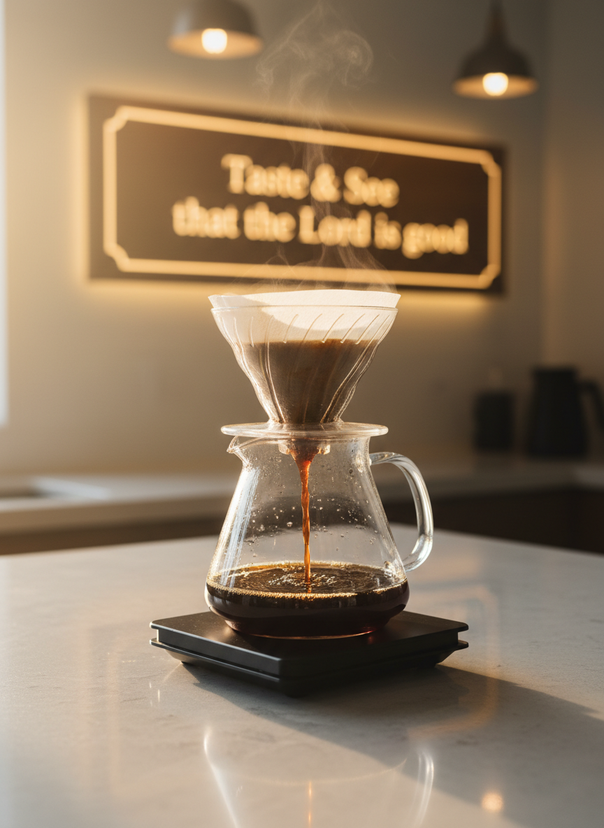 A close-up of a glass pour-over carafe made of clear borosilicate glass, mid-brew, as a steady stream of deep amber coffee cascades through a perfectly folded white paper filter. The carafe rests on a matte black digital scale atop a smooth stone countertop. In the softly blurred background, a minimalist wooden sign engraved with “Taste & See that the Lord is good” glows gently under warm pendant lighting. Golden hour sunlight from the side adds a subtle halo effect around the carafe, highlighting rising steam. Photographic realism with a three-quarter angle and shallow depth of field emphasizes precision, care, and a quiet, worshipful mood.