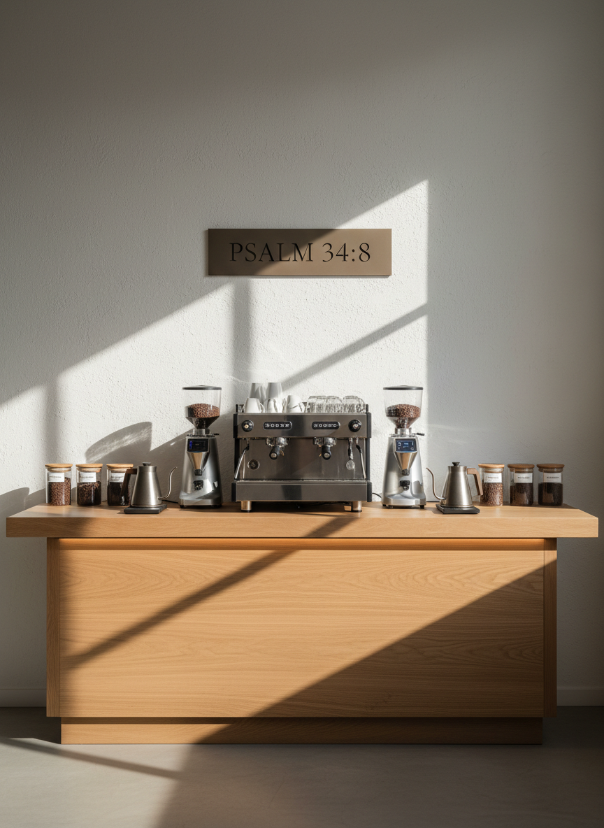 A refined coffee bar altar-style setup features a long slab of lightly stained oak with beveled edges, supporting a lineup of gleaming brushed-steel espresso equipment and neatly labeled glass canisters of whole beans. Centered above, on a soft white plaster wall, a simple metal scripture plaque reads “Psalm 34:8” in elegant serif lettering. Diffused afternoon daylight washes the scene, balanced by hidden warm LED strips beneath the shelves, casting soft, layered shadows. Photographic realism from a slightly elevated, wide-angle perspective showcases symmetry and order, creating a sophisticated, sacred-but-modern atmosphere that suggests a place where faith and craft coffee meet.