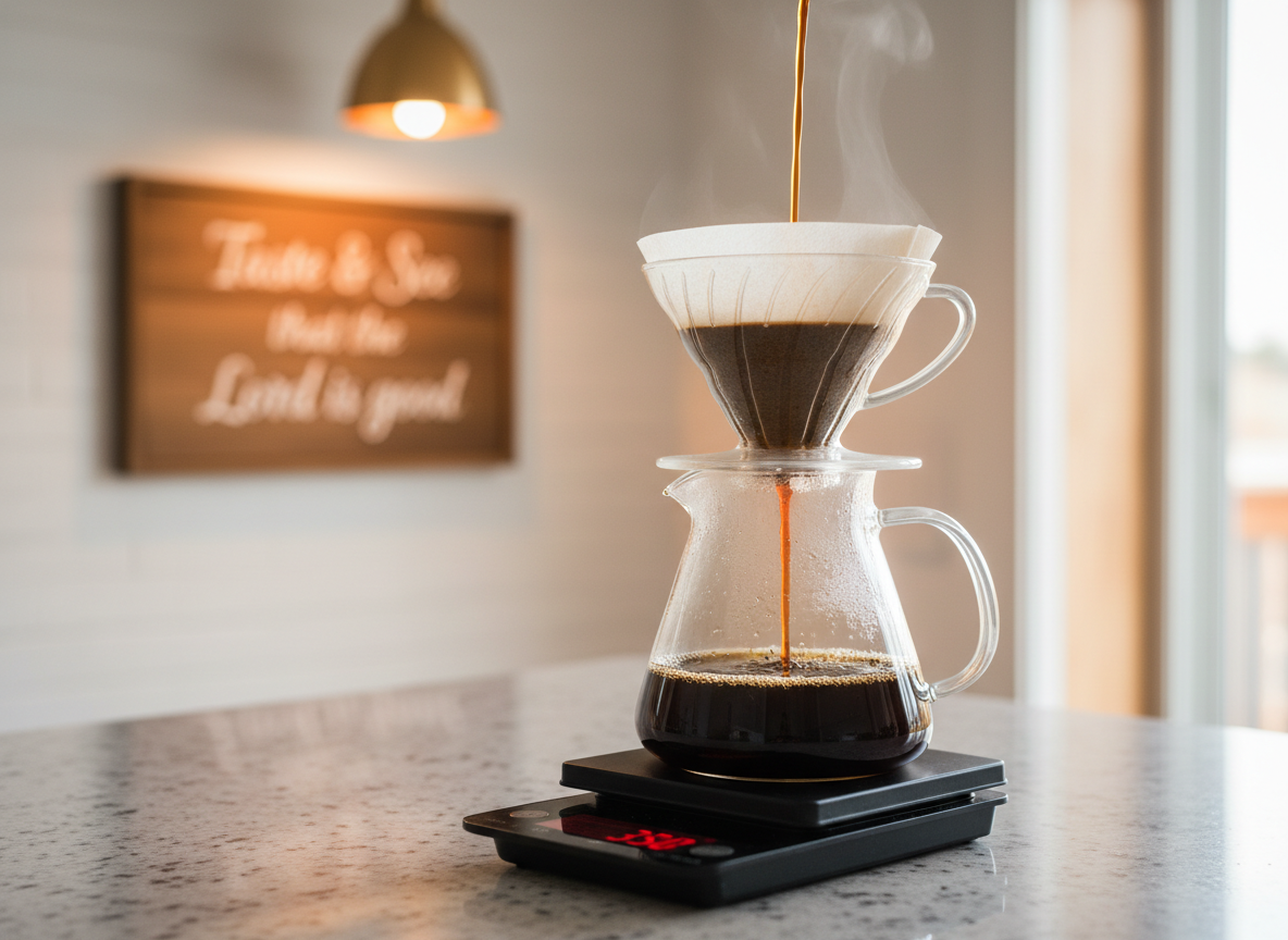 A close-up of a glass pour-over carafe made of clear borosilicate glass, mid-brew, as a steady stream of deep amber coffee cascades through a perfectly folded white paper filter. The carafe rests on a matte black digital scale atop a smooth stone countertop. In the softly blurred background, a minimalist wooden sign engraved with “Taste & See that the Lord is good” glows gently under warm pendant lighting. Golden hour sunlight from the side adds a subtle halo effect around the carafe, highlighting rising steam. Photographic realism with a three-quarter angle and shallow depth of field emphasizes precision, care, and a quiet, worshipful mood.