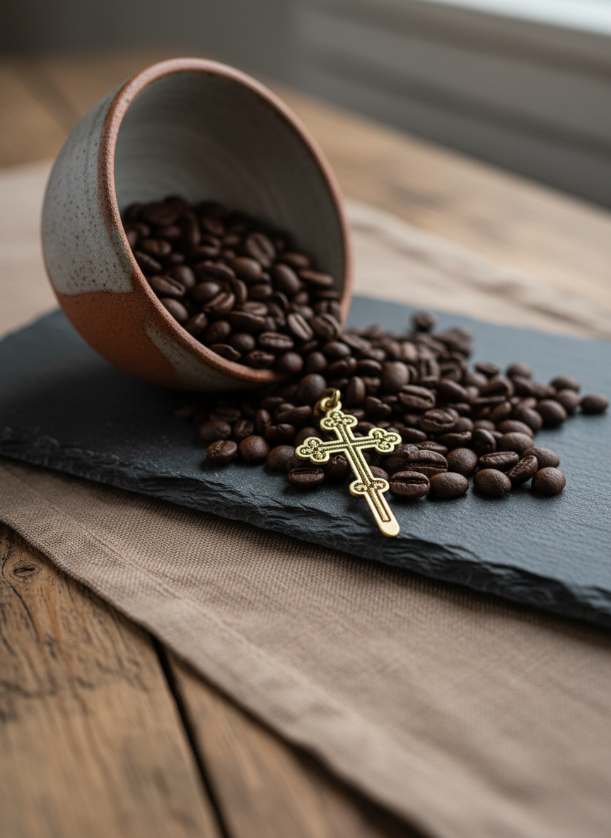 A richly textured close-up of roasted coffee beans spilling from a hand-thrown stoneware bowl in muted earth tones onto a slate serving board. Among the beans, a small, finely crafted brass bookmark shaped like a cross rests partially buried, its polished surface catching the light. The scene is set on a linen runner in warm taupe, atop a reclaimed wood table with visible grain and knots. Side-lit by soft overcast window light, the image features gentle shadows and subtle highlights on each bean’s oily surface. Photographic realism with macro focus and extremely shallow depth of field creates an intimate, contemplative mood, evoking the idea of discovering the sacred in the everyday.
